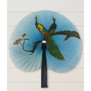 Chinese Paper Hand Fan Peacocks On Branch Black Handle Foldable 10” China